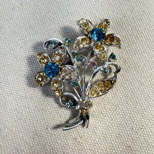 Vintage Floral Rhinestone Brooch Pin Blue Elegant‎ Flower Silver-Tone